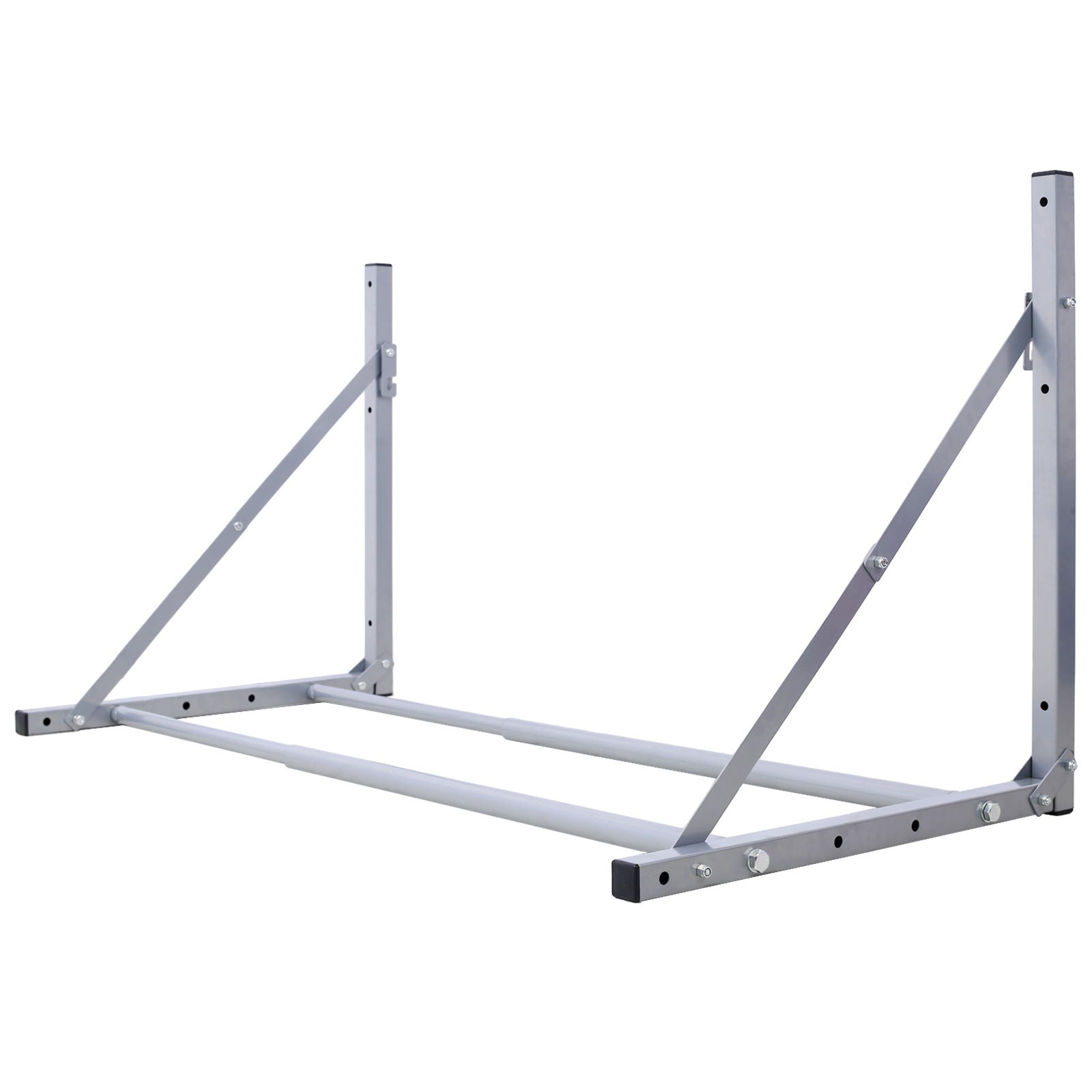 The Wall-Mounted Folding Tire Storage (30.5 to 50.5" wide, supports 300 lbs, silver) is a metal rack with a rectangular frame and support arms, ideal for organizing garage or utility room spaces.