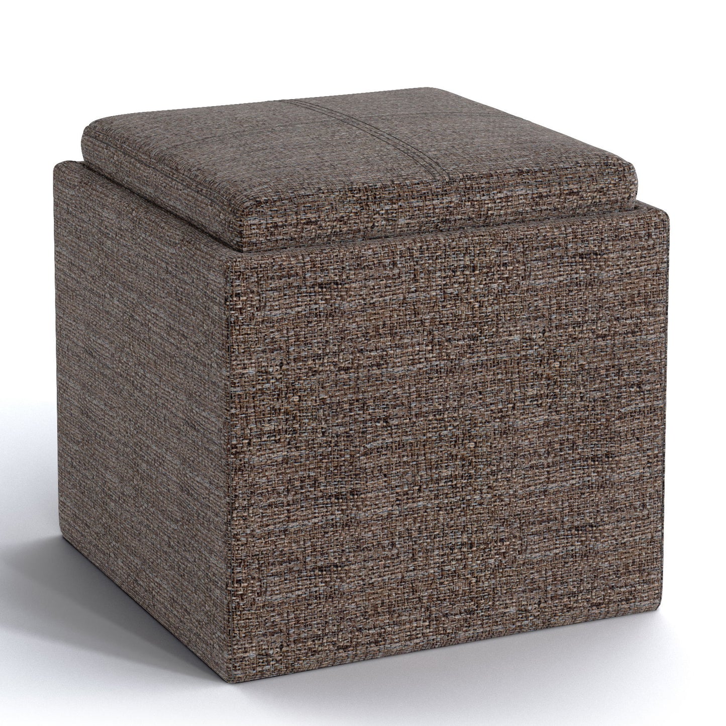 The Rockwood Upholstered Cube Storage Ottoman With Tray is a square, brown, fabric ottoman featuring a cushioned lid and modern design, shown on a white background.