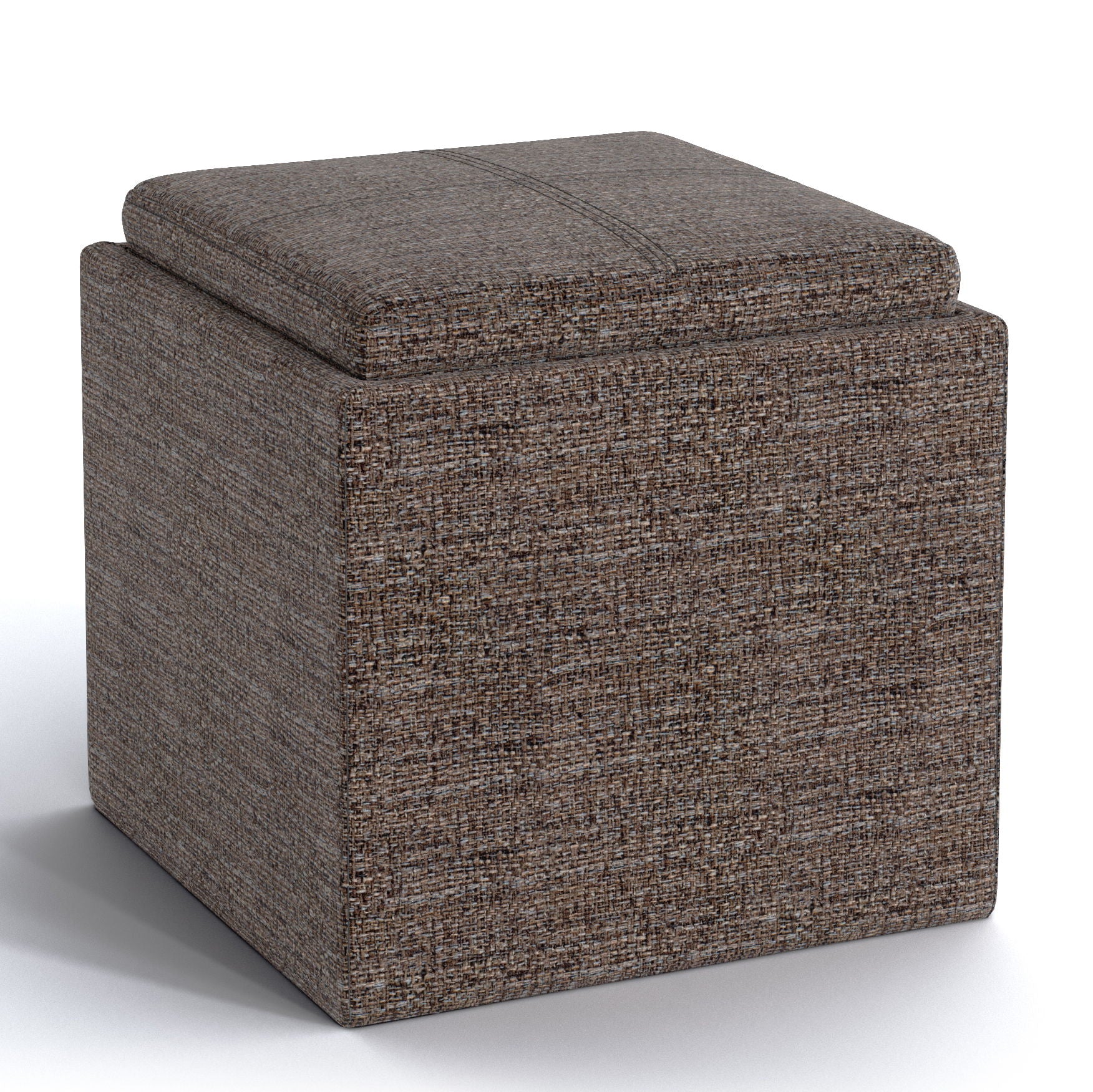 The Rockwood Upholstered Cube Storage Ottoman With Tray is a square, brown, fabric ottoman featuring a cushioned lid and modern design, shown on a white background.