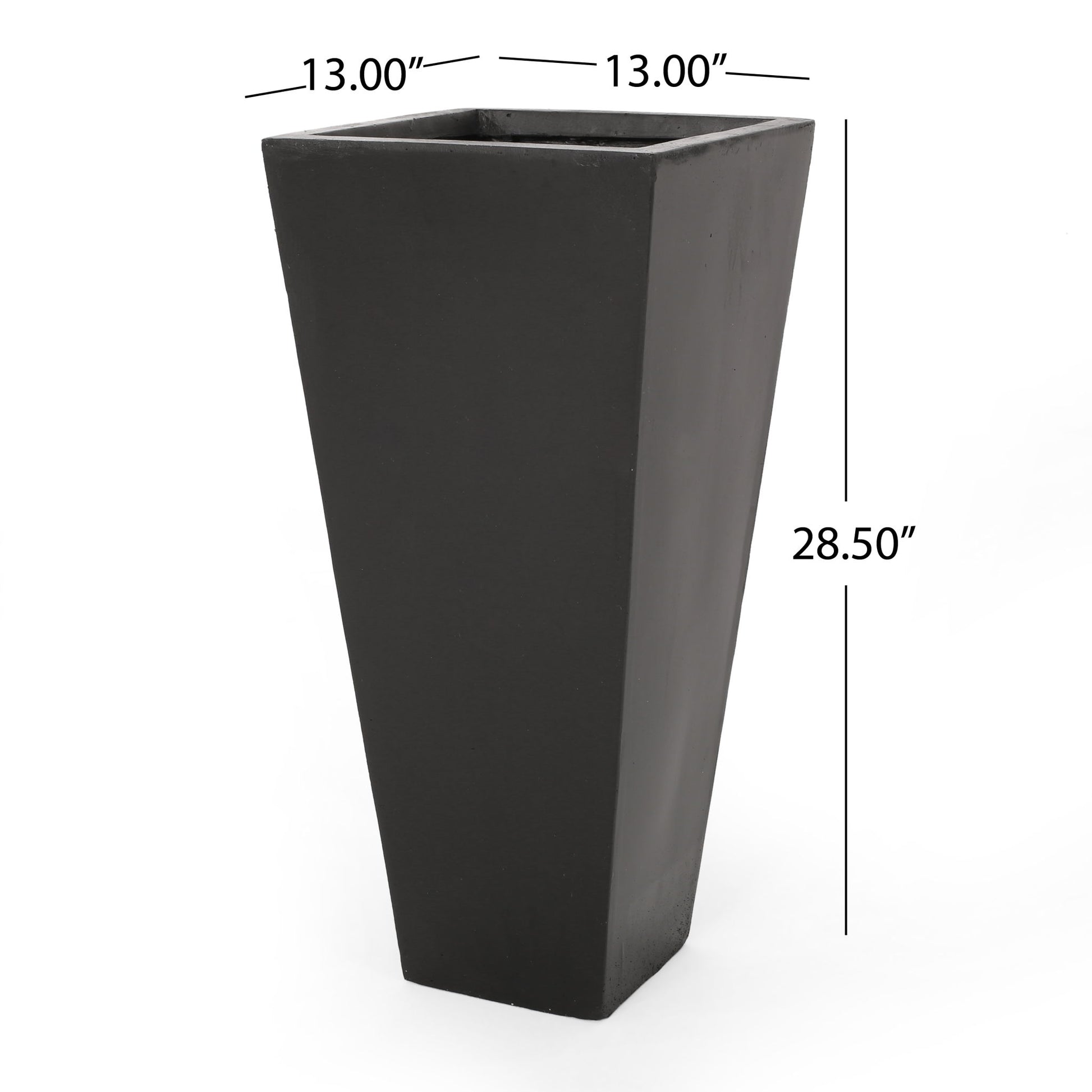 The Outdoor Modern Cast Stone Planter is a tall, black, square planter with a 13"x13" top and 28.5" height, featuring a tapered design that narrows toward the bottom.