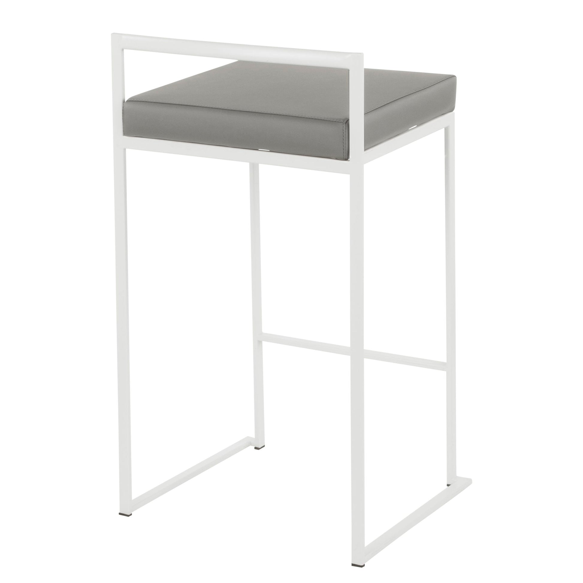The Fuji - Simple Elegance, Contemporary Stackable Counter Stool features a white metal frame, square gray cushioned seat, minimalist open-back design, and straight legs for a stylish modern look.