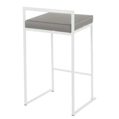 The Fuji - Simple Elegance, Contemporary Stackable Counter Stool features a white metal frame, square gray cushioned seat, minimalist open-back design, and straight legs for a stylish modern look.