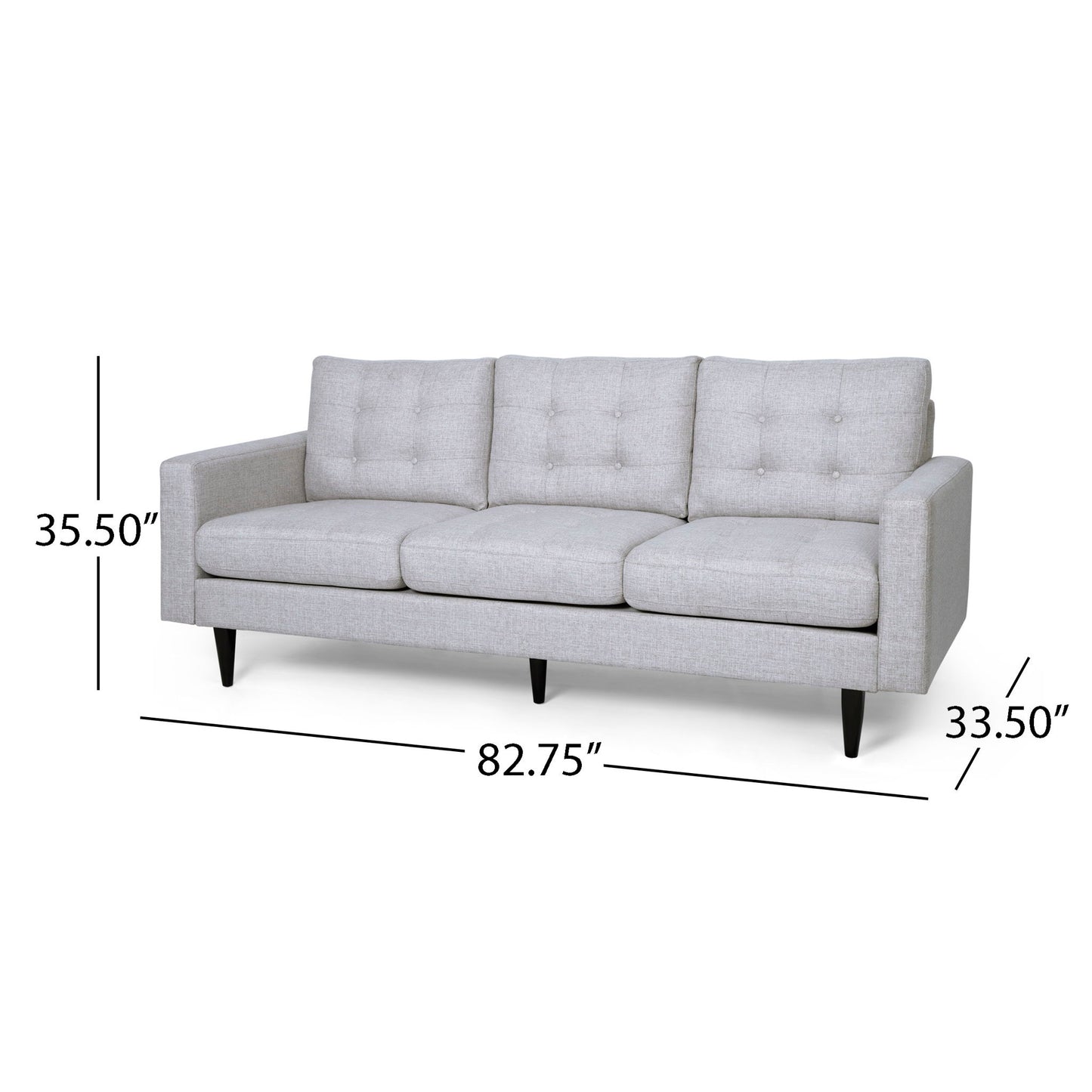 The Jenny Contemporary Tufted Fabric 3 Seater Sofa features a light gray finish, tufted back cushions, and dark tapered legs. It measures 82.75"W x 35.5"H x 33.5"D, with dimensions shown on the image.