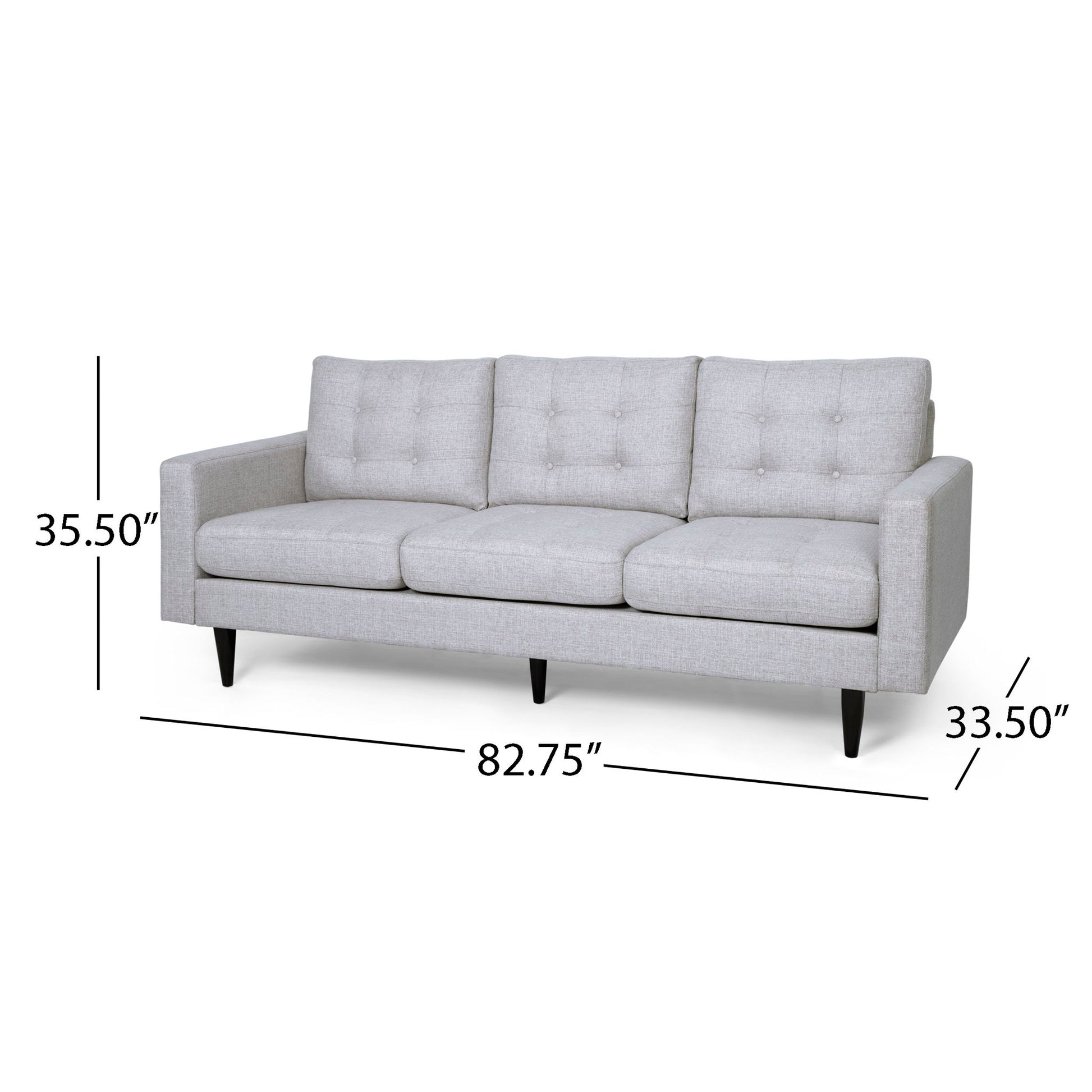 The Jenny Contemporary Tufted Fabric 3 Seater Sofa features a light gray finish, tufted back cushions, and dark tapered legs. It measures 82.75"W x 35.5"H x 33.5"D, with dimensions shown on the image.
