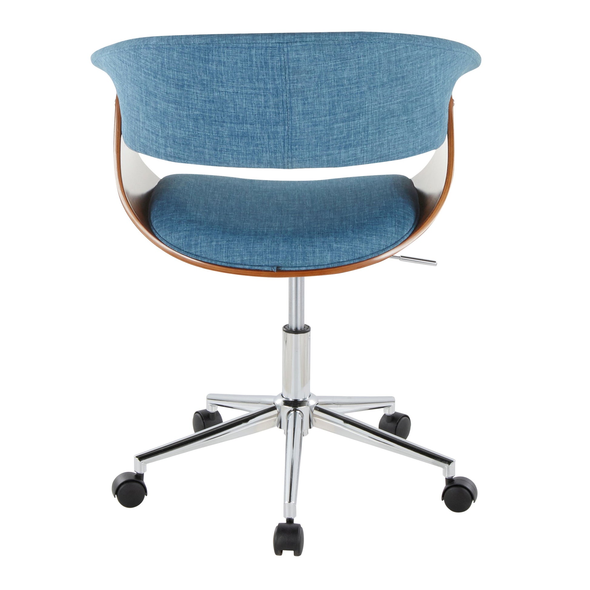 The Vintage Mod - Mid-Century Modern Office Chair features a curved wooden frame, blue upholstered seat and backrest, and a chrome five-wheel base, shown from the back.