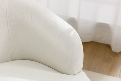 Close-up of the Chenille Fabric Swivel Accent Armchair Barrel Chair with a powder coating metal ring, shown on a wooden floor with sheer white curtains in the background.