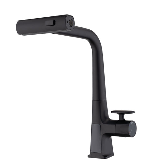 Modern Waterfall Kitchen Faucet With Temperature Display And Pull Down Sprayer, Zinc Construction - Matte Black