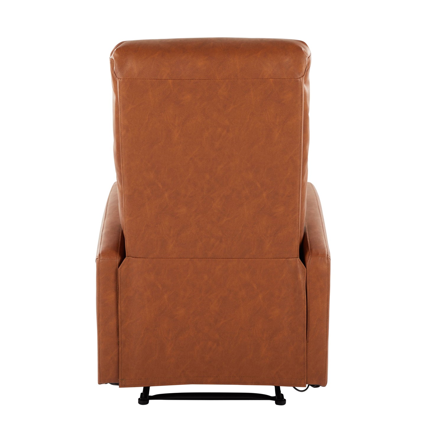 The Dormi - Contemporary Recliner Chair in tan leather is shown from the back, highlighting its smooth upholstery, clean lines, visible seams, and sturdy base.