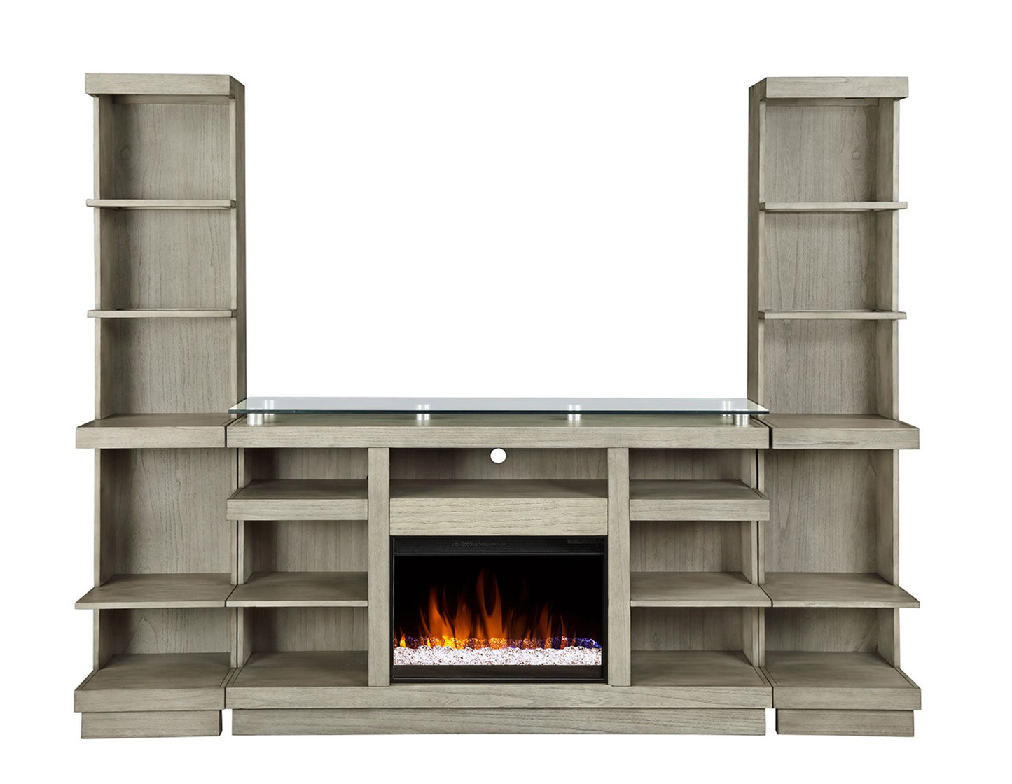 A modern beige wood entertainment center, the Couch.com Celino BookShelf Pier Set of 2 in Sandstone, with open shelves and a stylish design ideal for showcasing items in your living space.