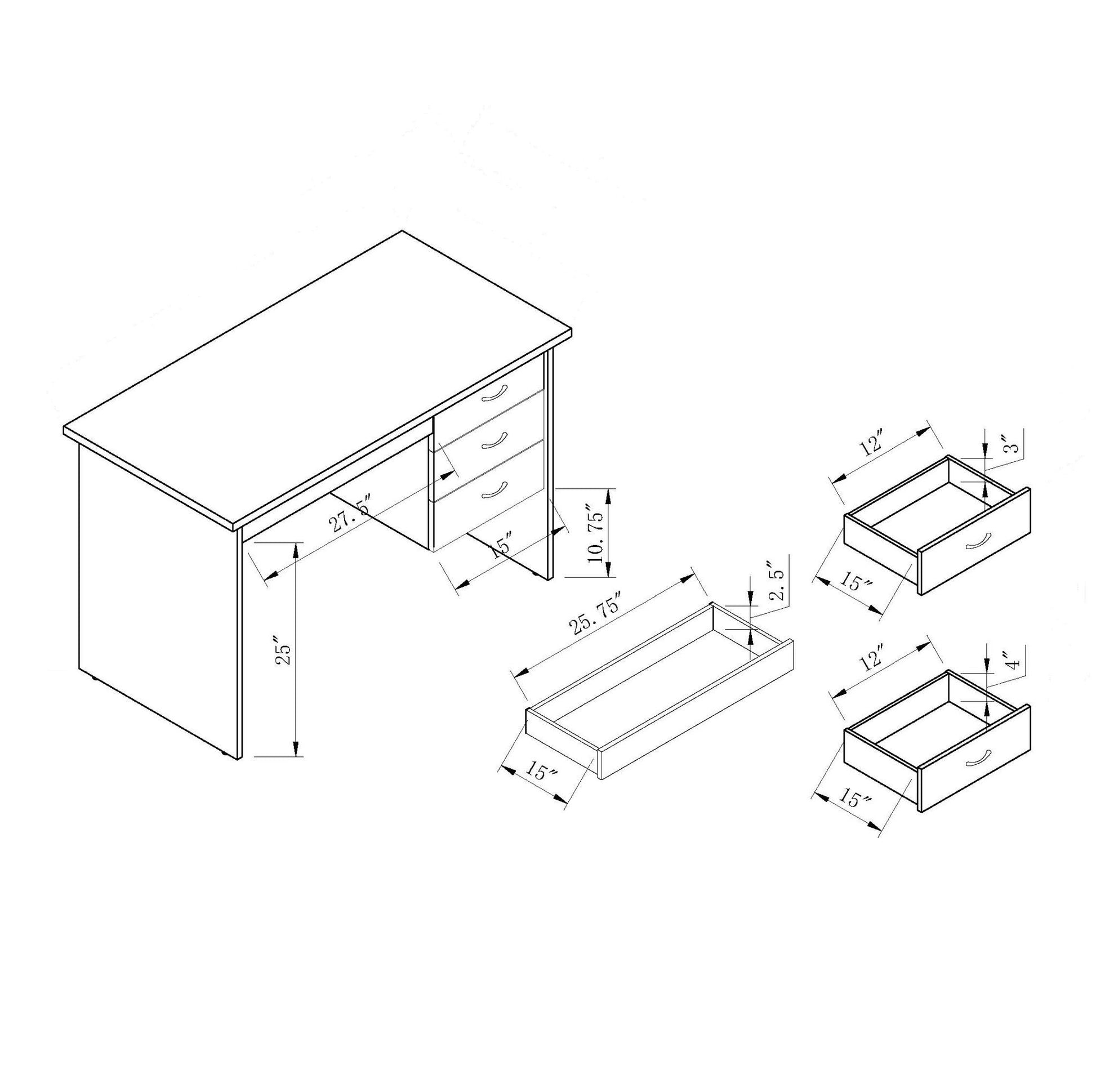 Isometric line drawing of the Executive Office Desk, Lockable 3 Drawer Home Office Desk - Distressed Gray, with three right-side drawers. Dimensions: 29"H x 47.2"W x 25"D; largest drawer: 25.75"W x 15.5"D x 2.5"H shown.