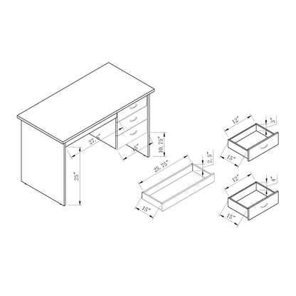 Isometric line drawing of the Executive Office Desk, Lockable 3 Drawer Home Office Desk - Distressed Gray, with three right-side drawers. Dimensions: 29"H x 47.2"W x 25"D; largest drawer: 25.75"W x 15.5"D x 2.5"H shown.