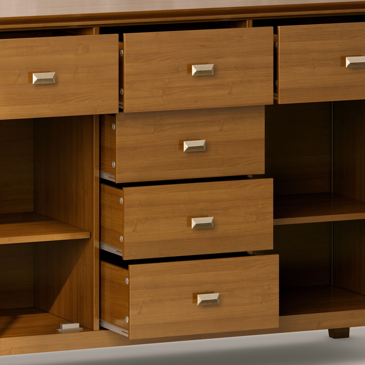 A close-up of the Artisan - Handcrafted Sideboard Buffet shows several drawers partially open, featuring open shelves, a medium brown finish, and silver rectangular handles.