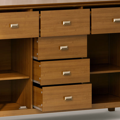 A close-up of the Artisan - Handcrafted Sideboard Buffet shows several drawers partially open, featuring open shelves, a medium brown finish, and silver rectangular handles.
