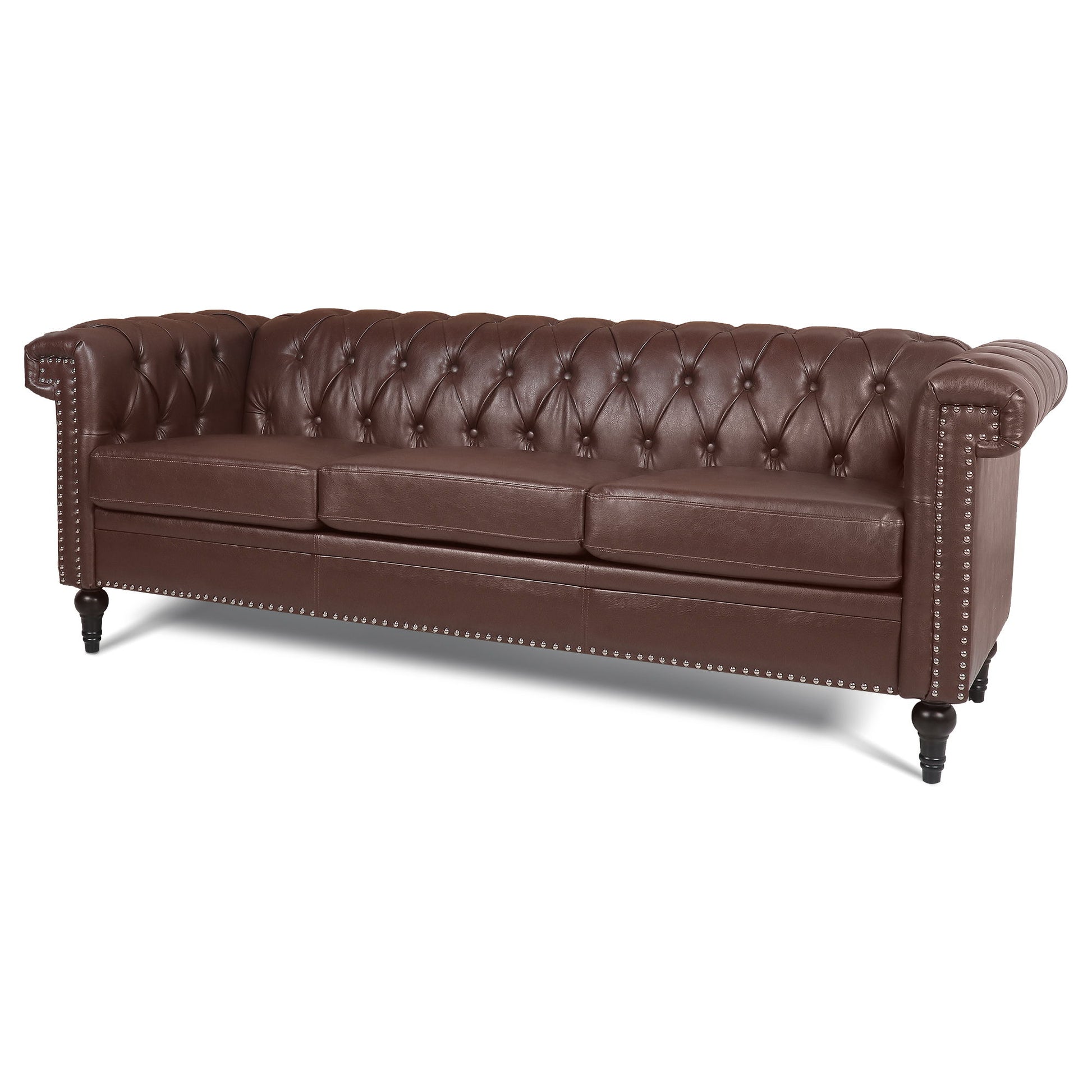 The Traditional Square Arm Removable Cushion 3 Seater Sofa features brown leather upholstery, a button-tufted backrest, rolled arms, nailhead trim, three removable seat cushions, and sturdy dark wooden legs.