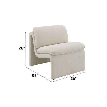 The Jaeda - Innovative Elegance Accent Chair features a modern, armless curved design in beige, measuring 28" tall, 31" deep, and 26" wide.
