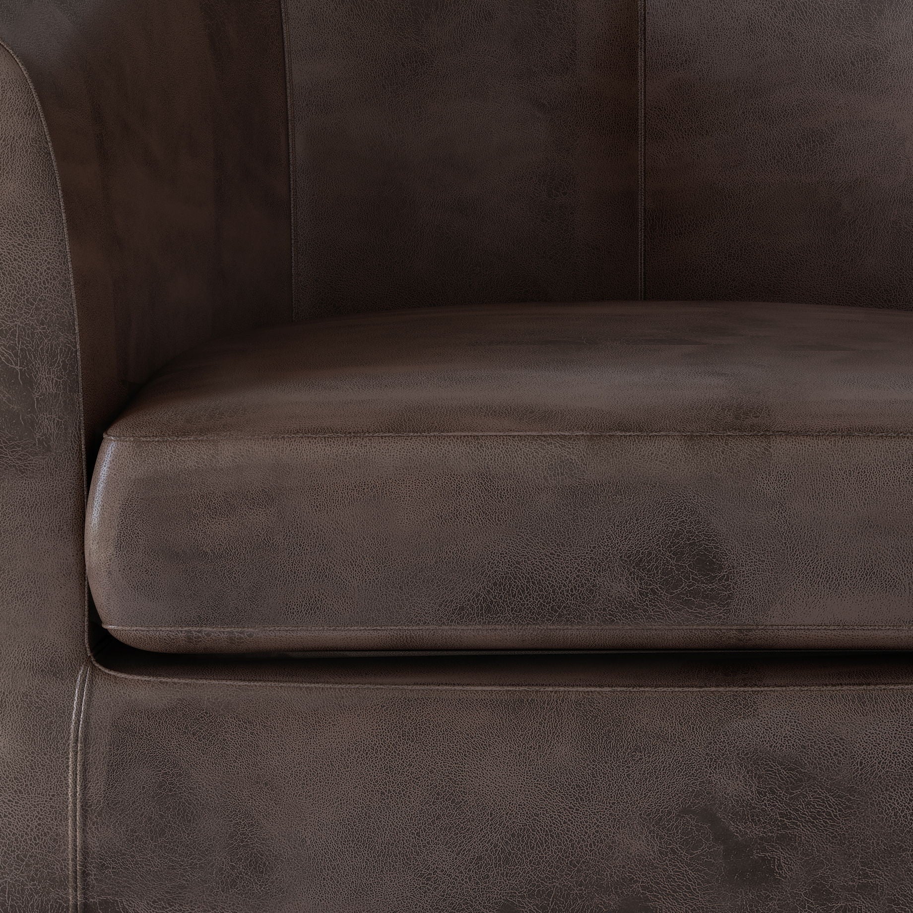 Close-up of the Austin - Handcrafted Tub Chair in dark brown leather, highlighting the seat cushion, backrest section, and one armrest with detailed texture and stitching.