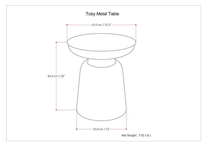 Line drawing of the Toby - Handcrafted Metal Accent Table with labeled dimensions: 42 cm (16.5") wide top, 46 cm (18") high, 33 cm (13") base; net weight: 7.92 lbs.