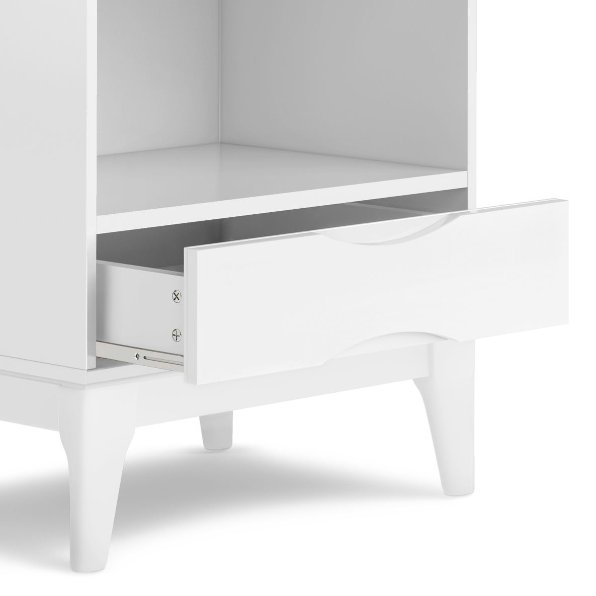 A close-up of the Harper - Handcrafted Bookcase With Storage, featuring an open drawer and an empty shelf above, standing on four angled legs.