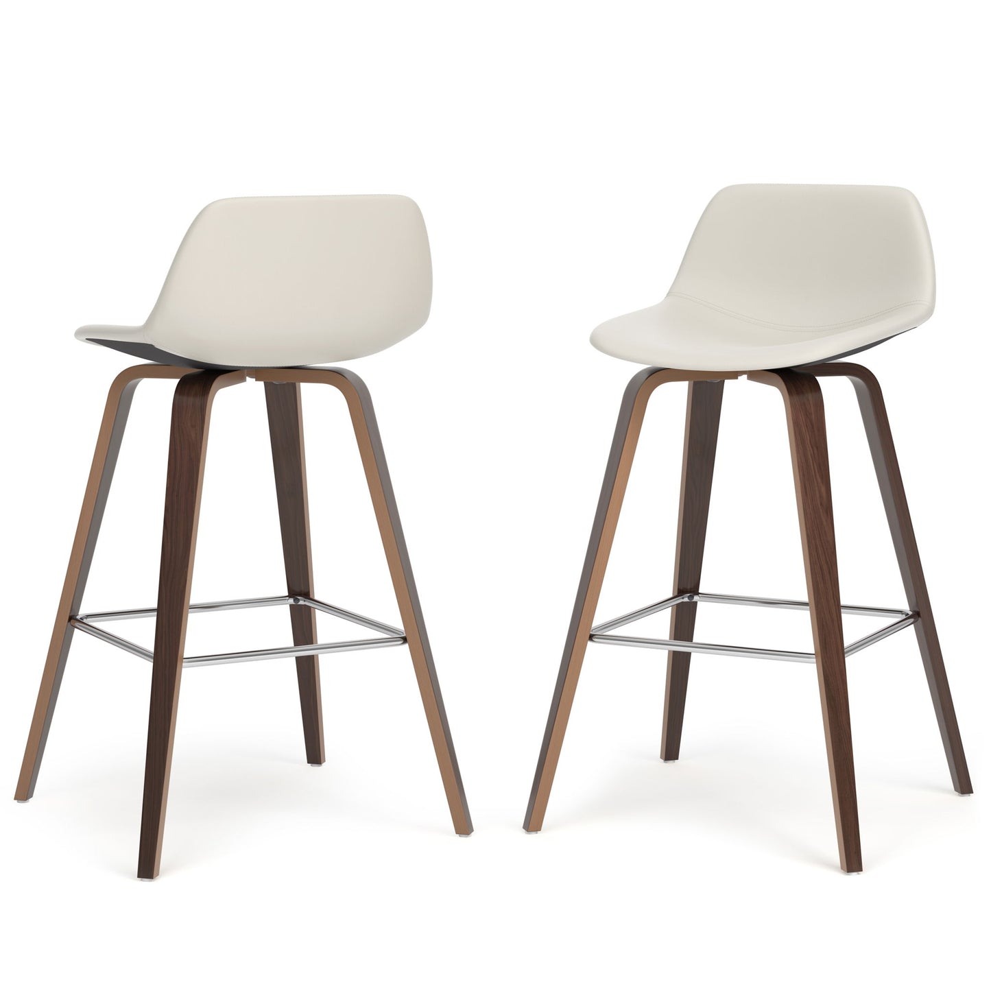 The Randolph Bentwood - Counter / Bar Height Stool (Set of 2) features two modern stools with curved white seats, brown wooden legs, and metal footrests, each shown at different angles against a white background.