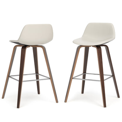 The Randolph Bentwood - Counter / Bar Height Stool (Set of 2) features two modern stools with curved white seats, brown wooden legs, and metal footrests, each shown at different angles against a white background.