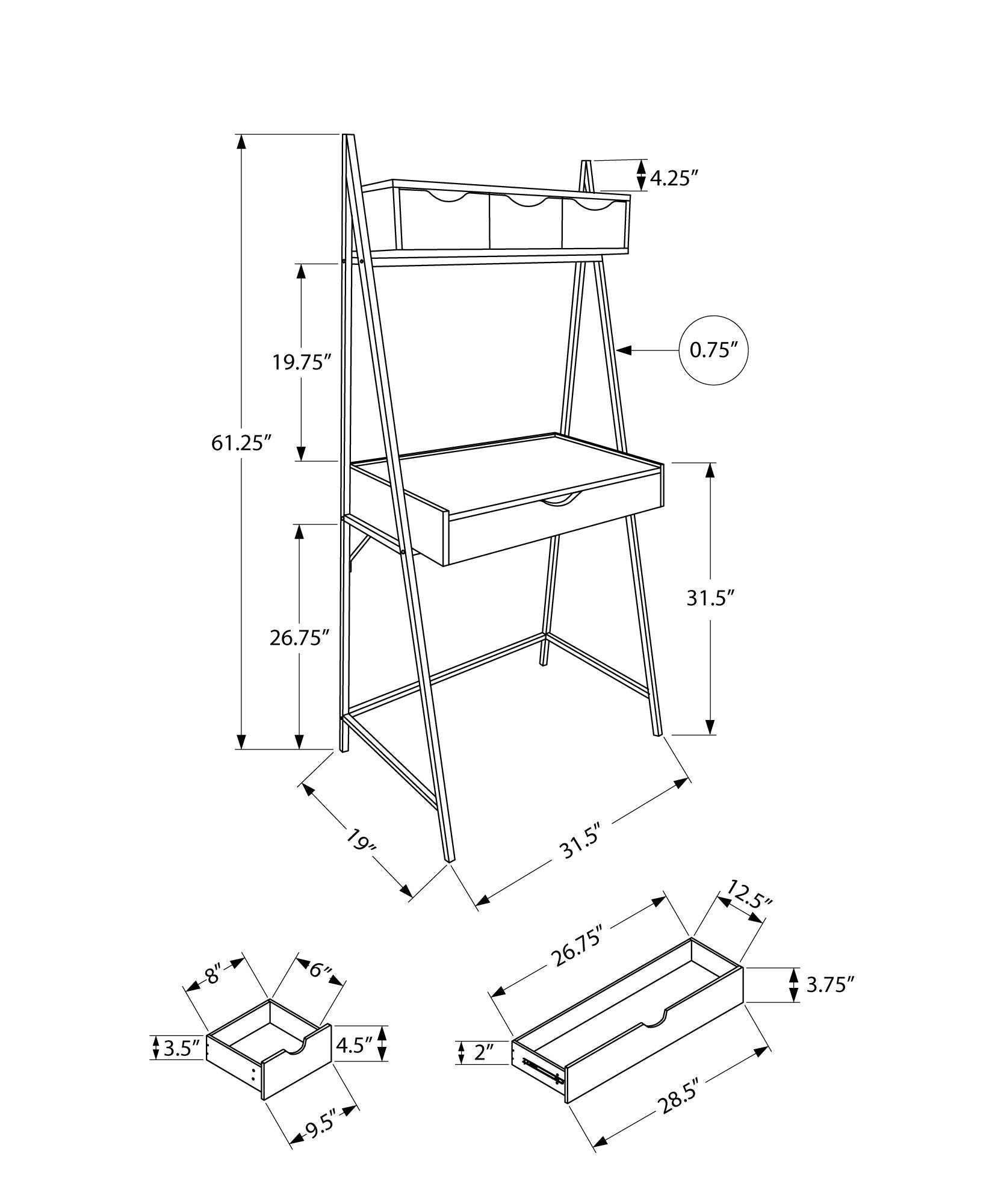 Line drawing of the Computer Desk For Home Office, featuring shelving. Dimensions: 61.25" H x 31.5" W x 19" D; upper shelf height 4.25", drawer depth 12.5", tabletop thickness 0.75". Insets show drawer details for storage options.
