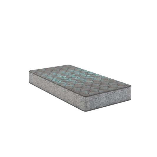 The Comfort Care - 9" 2 Sided Foam Core Mattress, Medium Comfort, is a gray mattress with a quilted top and a subtle blue center accent, shown on a white background.