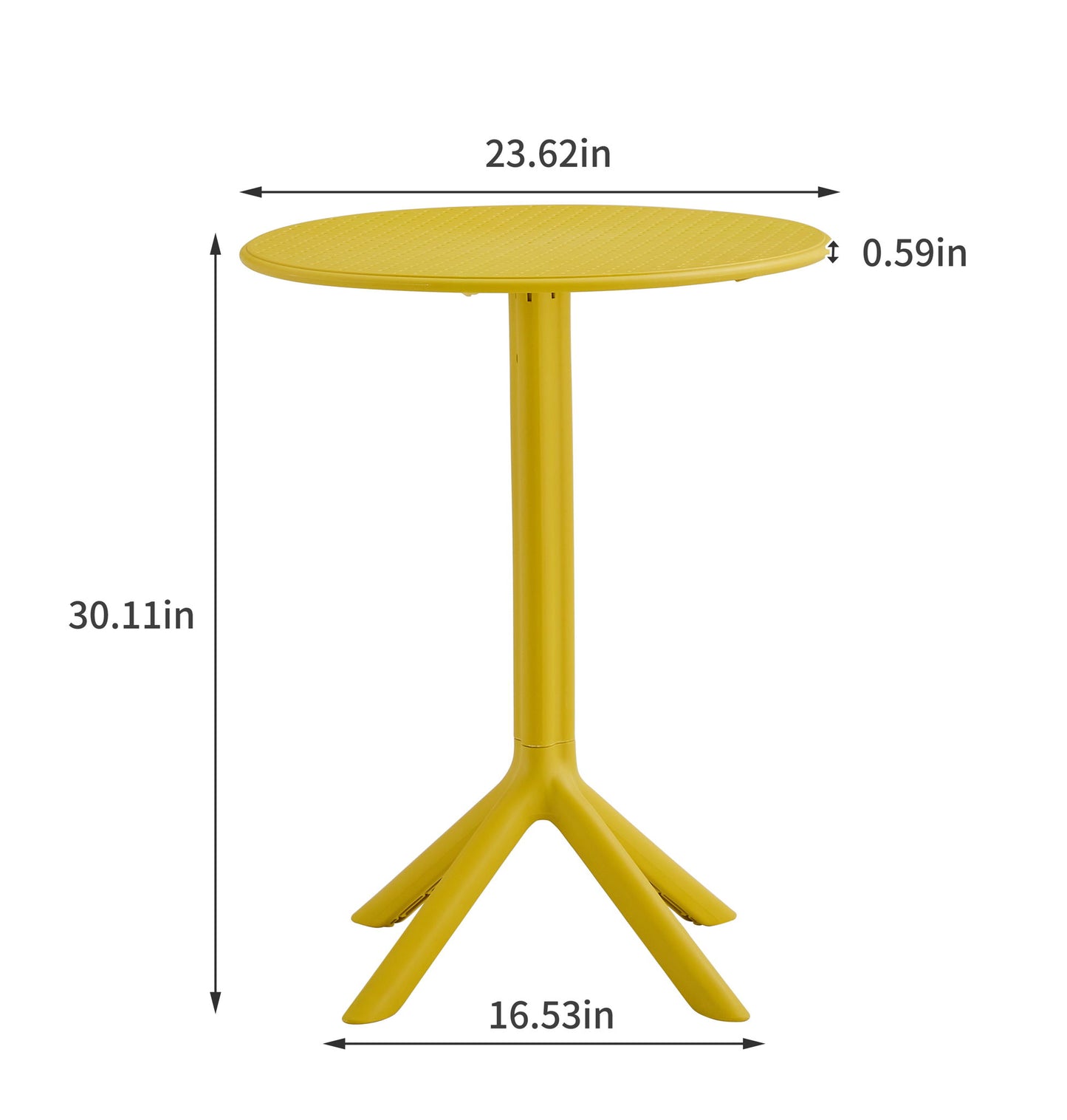 A 3 Piece Plastic Arm Chair Bistro Grs Premium Ocean Plastic set features a round yellow table with a textured top, central leg, and four angled feet. Dimensions: height 30.11 in, tabletop diameter 23.62 in, base width 16.53 in.