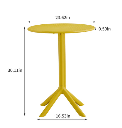 A 3 Piece Plastic Arm Chair Bistro Grs Premium Ocean Plastic set features a round yellow table with a textured top, central leg, and four angled feet. Dimensions: height 30.11 in, tabletop diameter 23.62 in, base width 16.53 in.