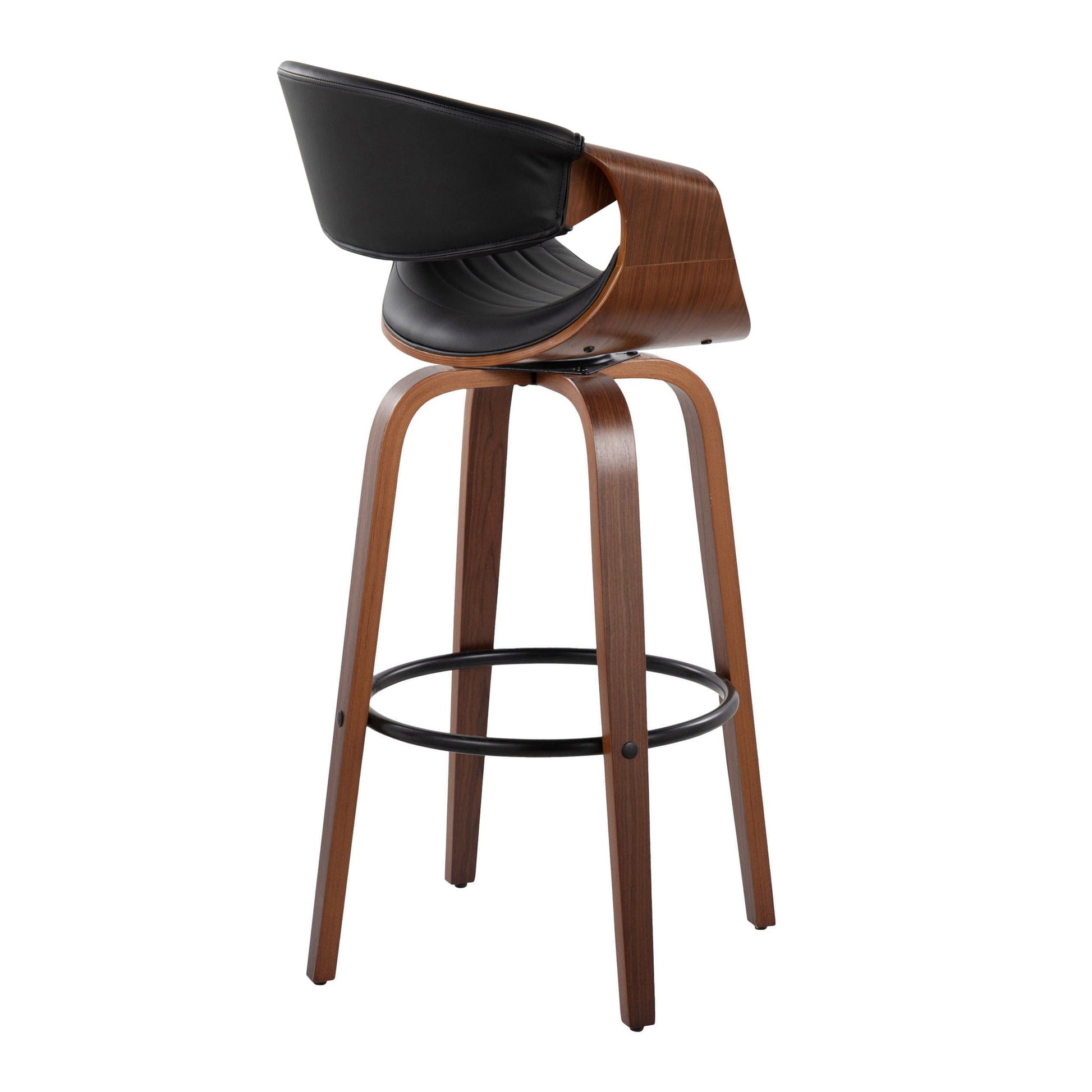 The Symphony Mid Century Modern barstool set features a curved wooden frame, black cushioned seat and backrest, four wooden legs, a round black metal footrest, and swivel functionality. Set includes 2 fixed height stools.