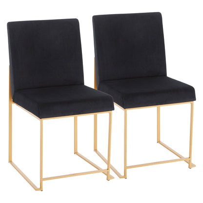 A set of two Fuji high back dining chairs with black upholstered seats and gold-colored contemporary metal frames stand side by side against a white background.