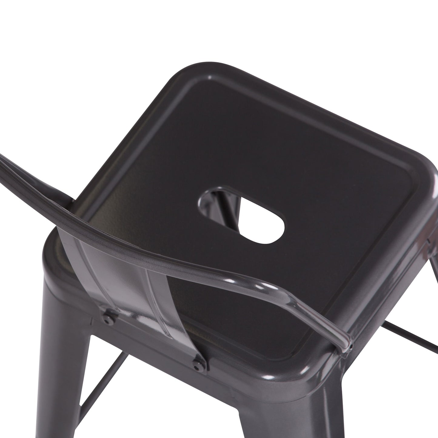 A close-up view of the Rayne - Curved Back Metal Stool (Set of 2), showcasing its black metal frame, square seat with a rounded rectangular cutout, and signature curved backrest.