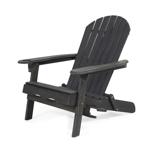 The Zenithia Outdoor Foldable Adirondack Chair, shown from a rear side angle on a plain white background, features wide armrests, 2 cup holders, and a slatted black wooden backrest with a slight recline.