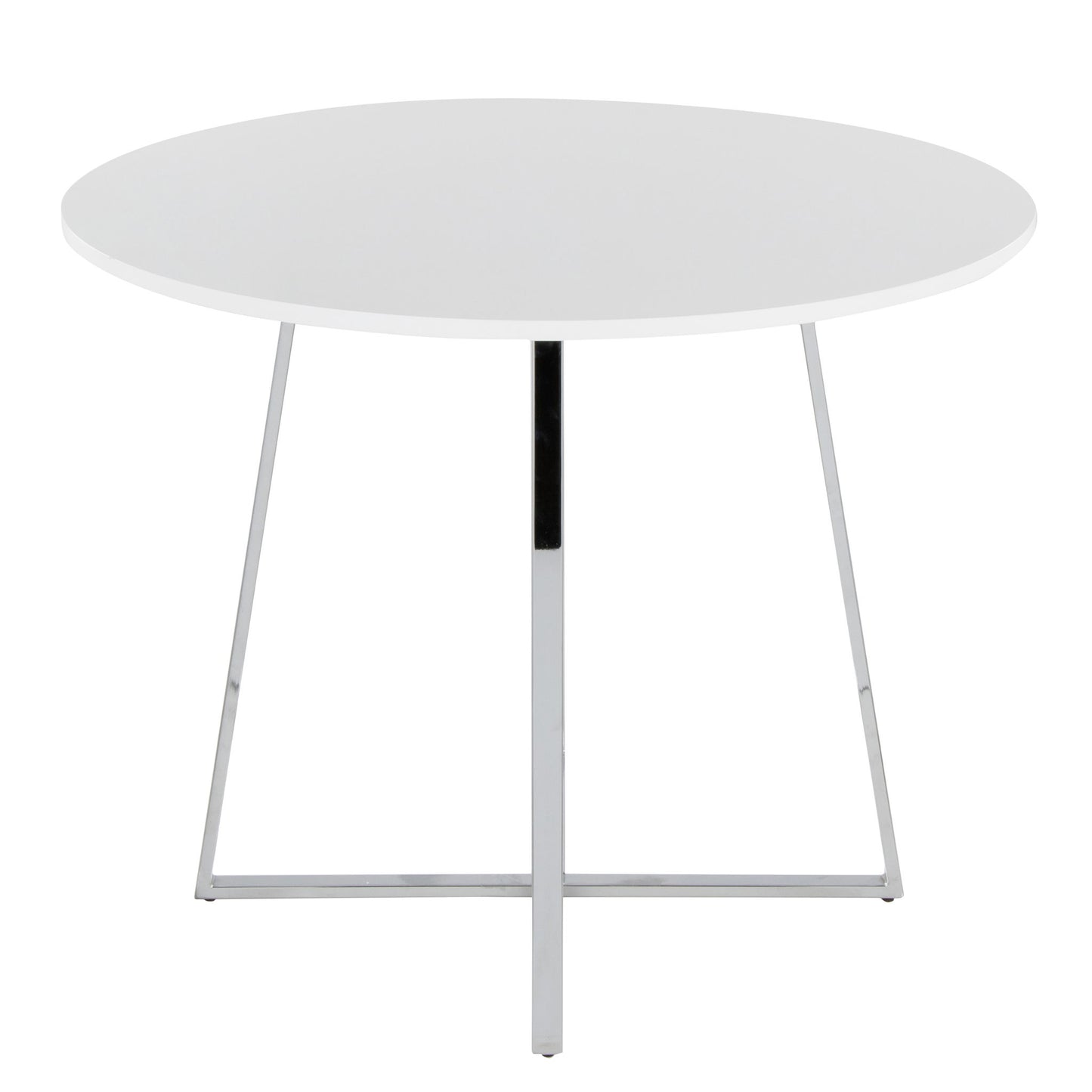 The Cosmo - Canary Contemporary Dining Table features a modern round white top and slim chrome legs in a cross-shaped base.