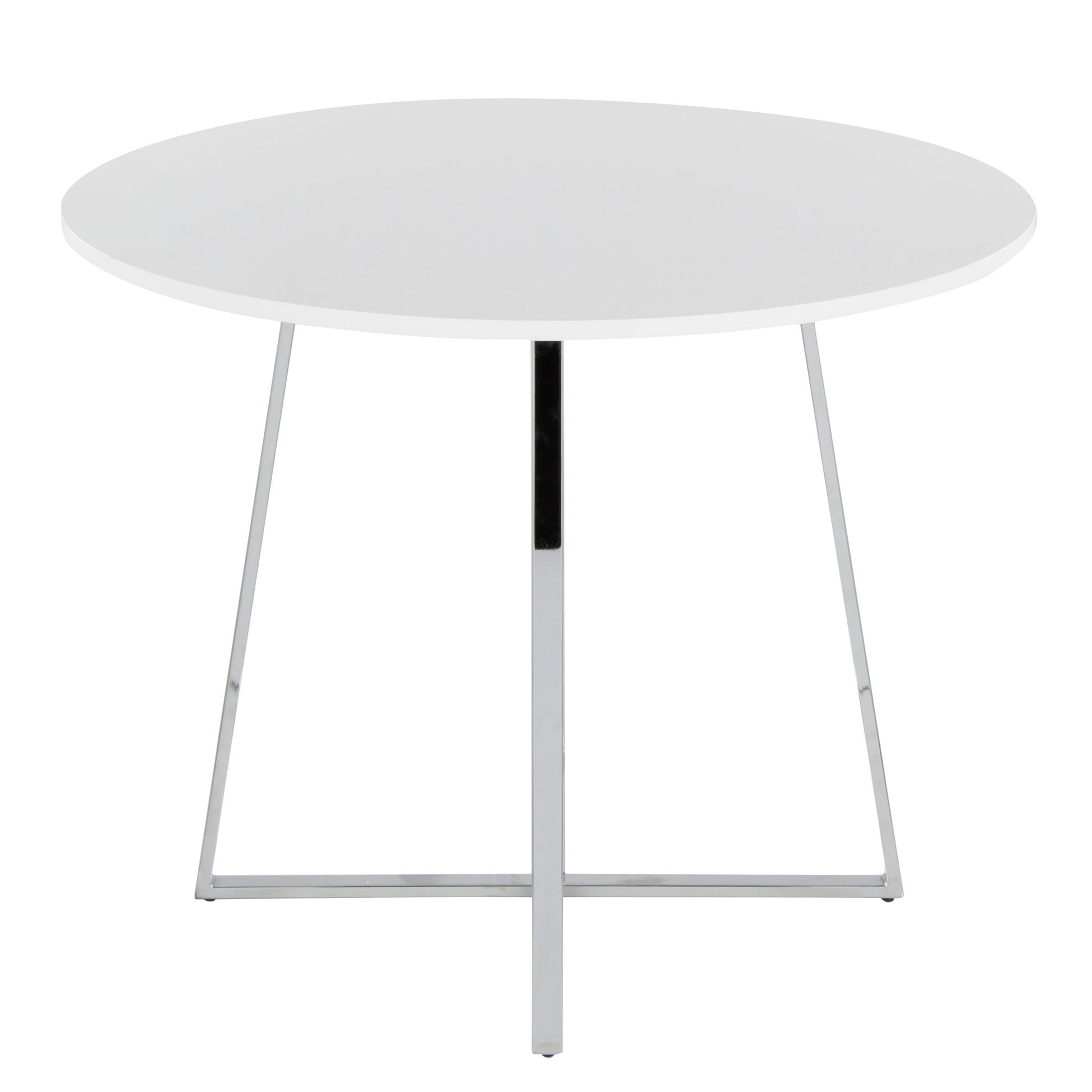 The Cosmo - Canary Contemporary Dining Table features a modern round white top and slim chrome legs in a cross-shaped base.
