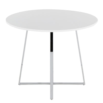 The Cosmo - Canary Contemporary Dining Table features a modern round white top and slim chrome legs in a cross-shaped base.