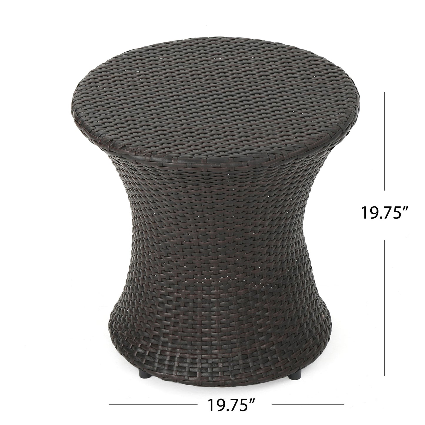 The Thrive Hourglass Rattan Table features a round, dark brown woven wicker design and measures 19.75" high by 19.75" in diameter. No glass top included.