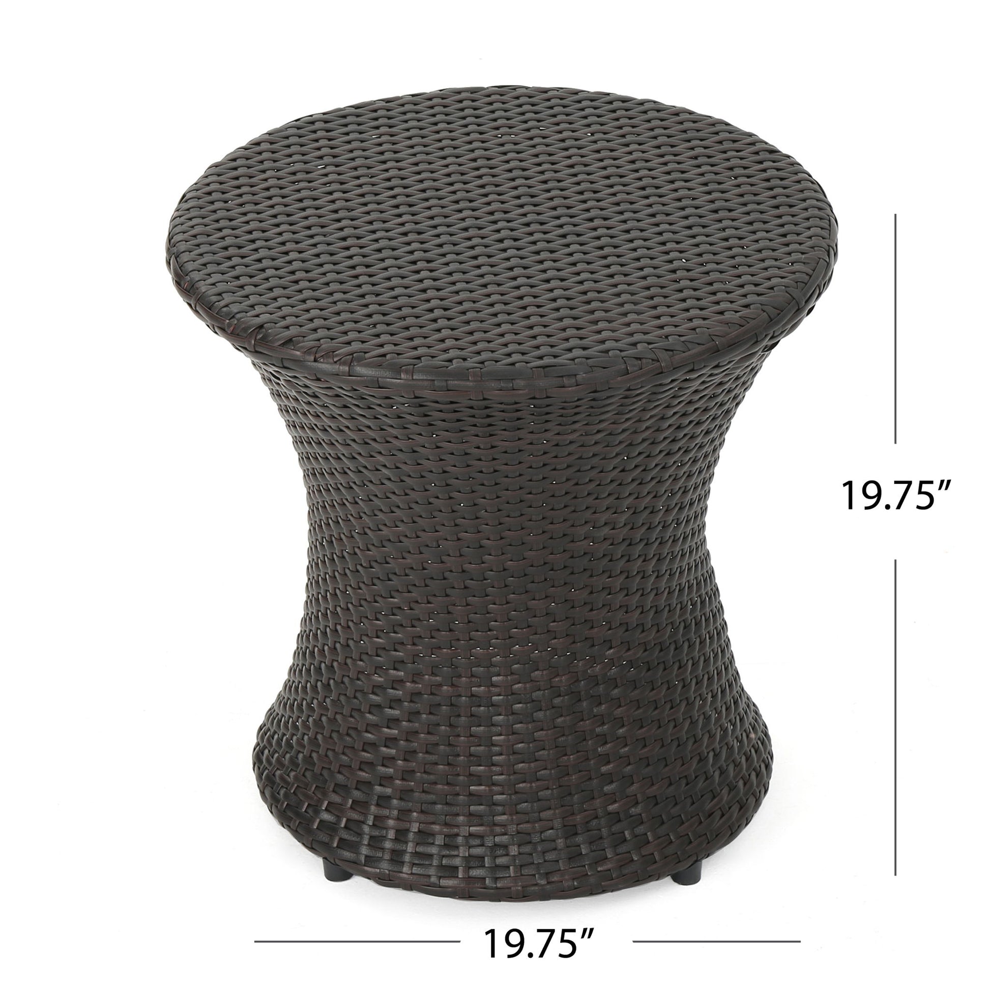 The Thrive Hourglass Rattan Table features a round, dark brown woven wicker design and measures 19.75" high by 19.75" in diameter. No glass top included.