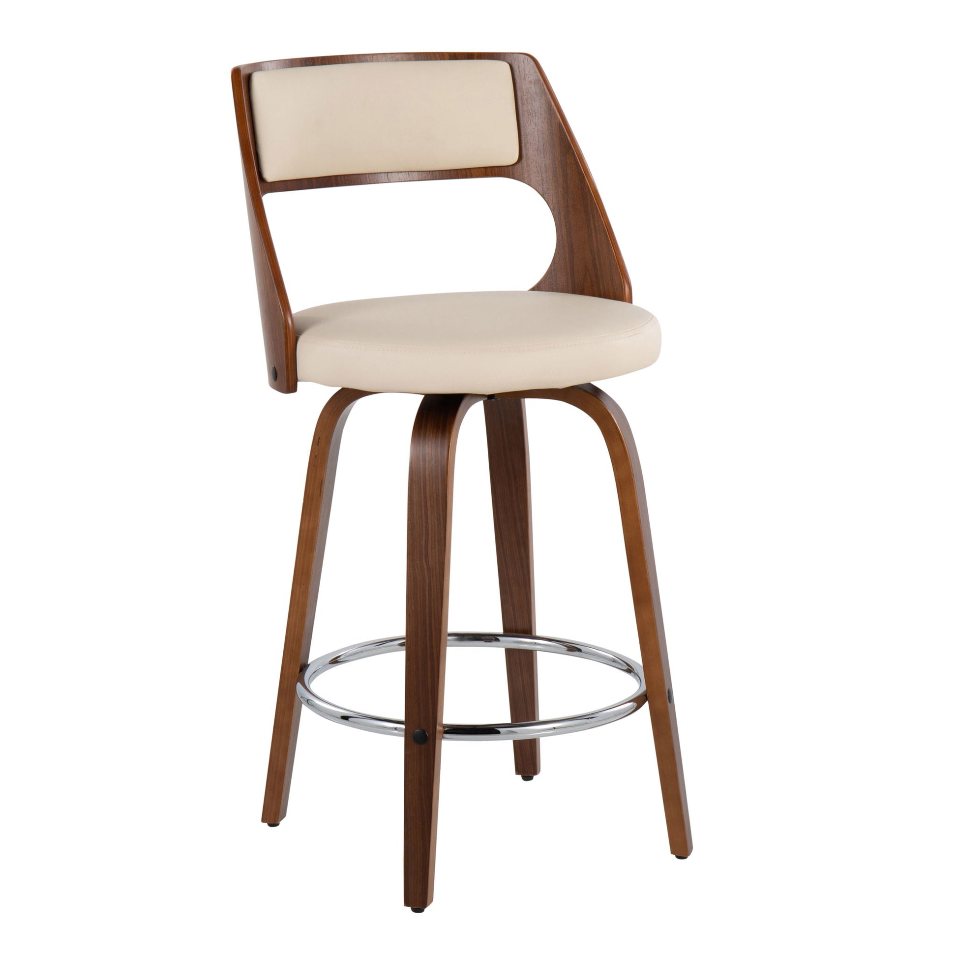The Cecina Mid-Century Modern Counter Stool set features a curved wooden backrest, beige cushioned seat, and four angled wooden legs joined by a round metal footrest. Swivel design; fixed height; sold as a set of 2.