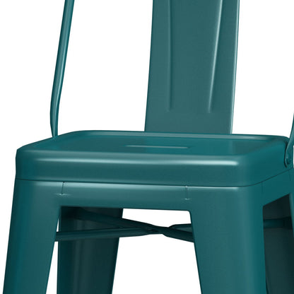 Close-up of the Rayne Multifunctional Metal Stool in teal, highlighting the seat, backrest, and legs against a white background. Its simple, industrial design features clean lines and smooth surfaces.