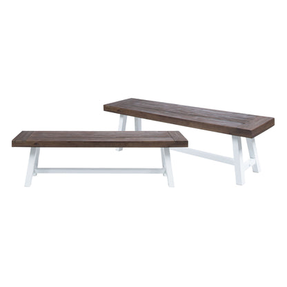 Two Tranquilizer Outdoor Acacia Wood Benches with slat panel design, featuring dark brown tops and white angled legs—one bench is set slightly behind and higher than the other, both displayed on a plain white background.