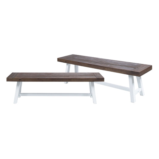 Two Tranquilizer Outdoor Acacia Wood Benches with slat panel design, featuring dark brown tops and white angled legs—one bench is set slightly behind and higher than the other, both displayed on a plain white background.