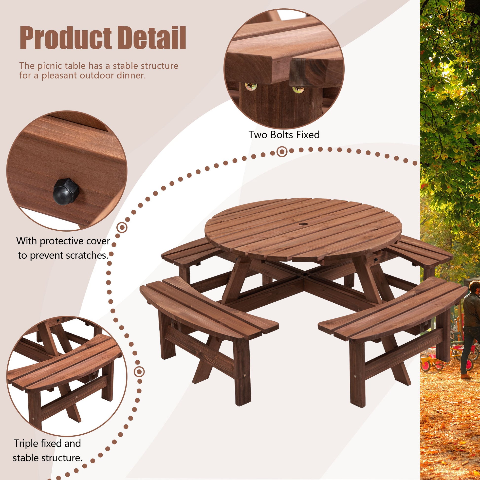 Image of the 8 Person Wooden Picnic Table with 4 built-in benches for garden or camping use, showing a stable structure, two-bolt fixation with protective covers, and triple-fixed benches; supports up to 2220 lb.