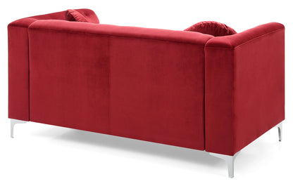 The Stylish Sloped Arm Loveseat is a modern red velvet sofa with plush cushions, viewed from the back, and features sleek silver metal legs against a white background.