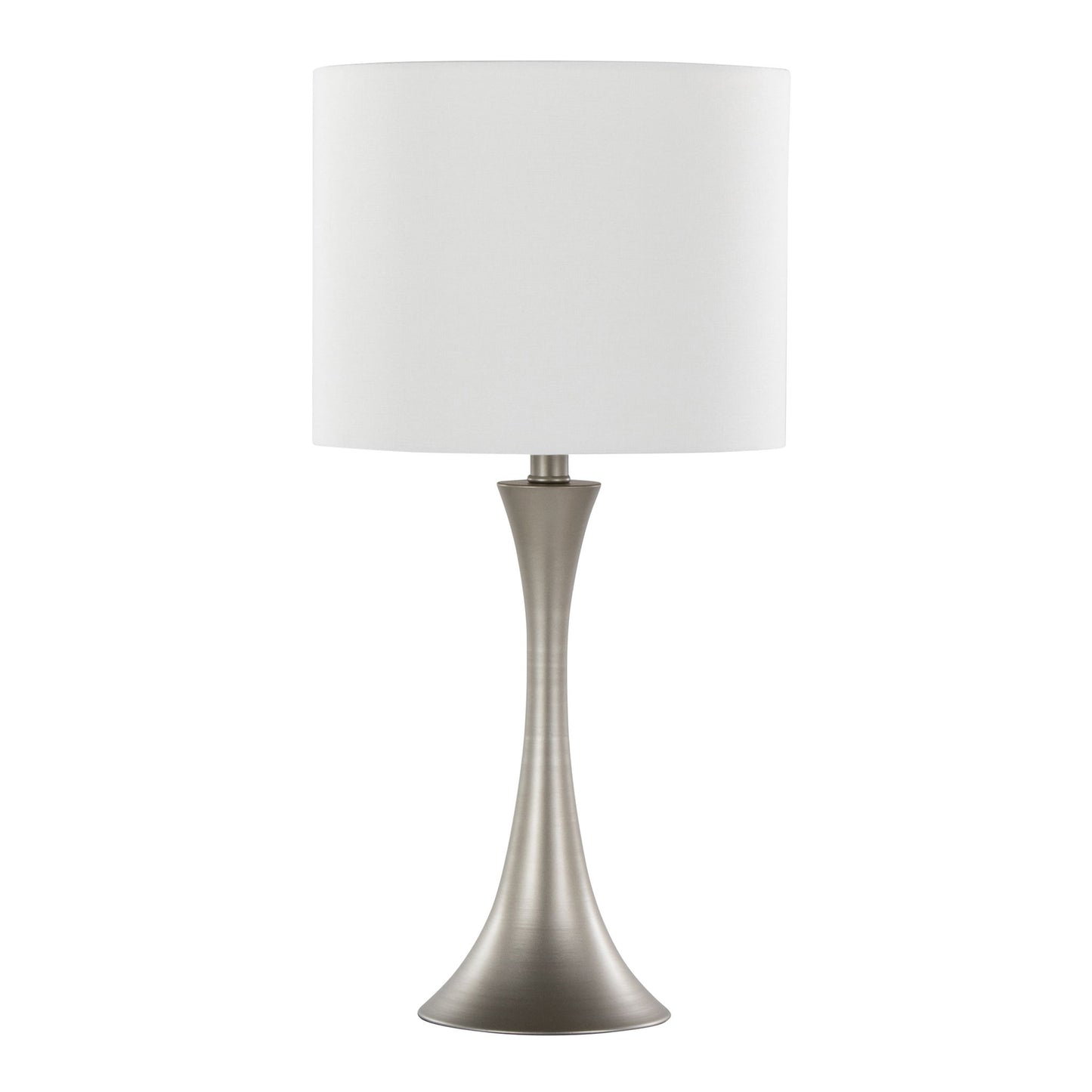The Lenuxe Contemporary & Modern Design Table Lamp (Set of 2) features a brushed metal flared base and a white cylindrical shade, shown against a plain white background.
