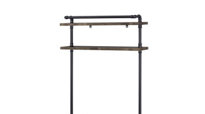 The Ensata Rustic Writing Desk in Black/Oak features two wooden shelves with black metal supports in an industrial style. Its open bottom half fits neatly over a small appliance or works as stylish storage.