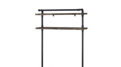 The Ensata Rustic Writing Desk in Black/Oak features two wooden shelves with black metal supports in an industrial style. Its open bottom half fits neatly over a small appliance or works as stylish storage.