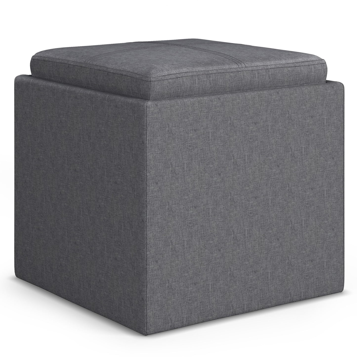 The Rockwood Upholstered Cube Storage Ottoman With Tray features a gray, cushioned top, smooth fabric upholstery with visible stitching, and a sturdy square design that is both modern and functional.