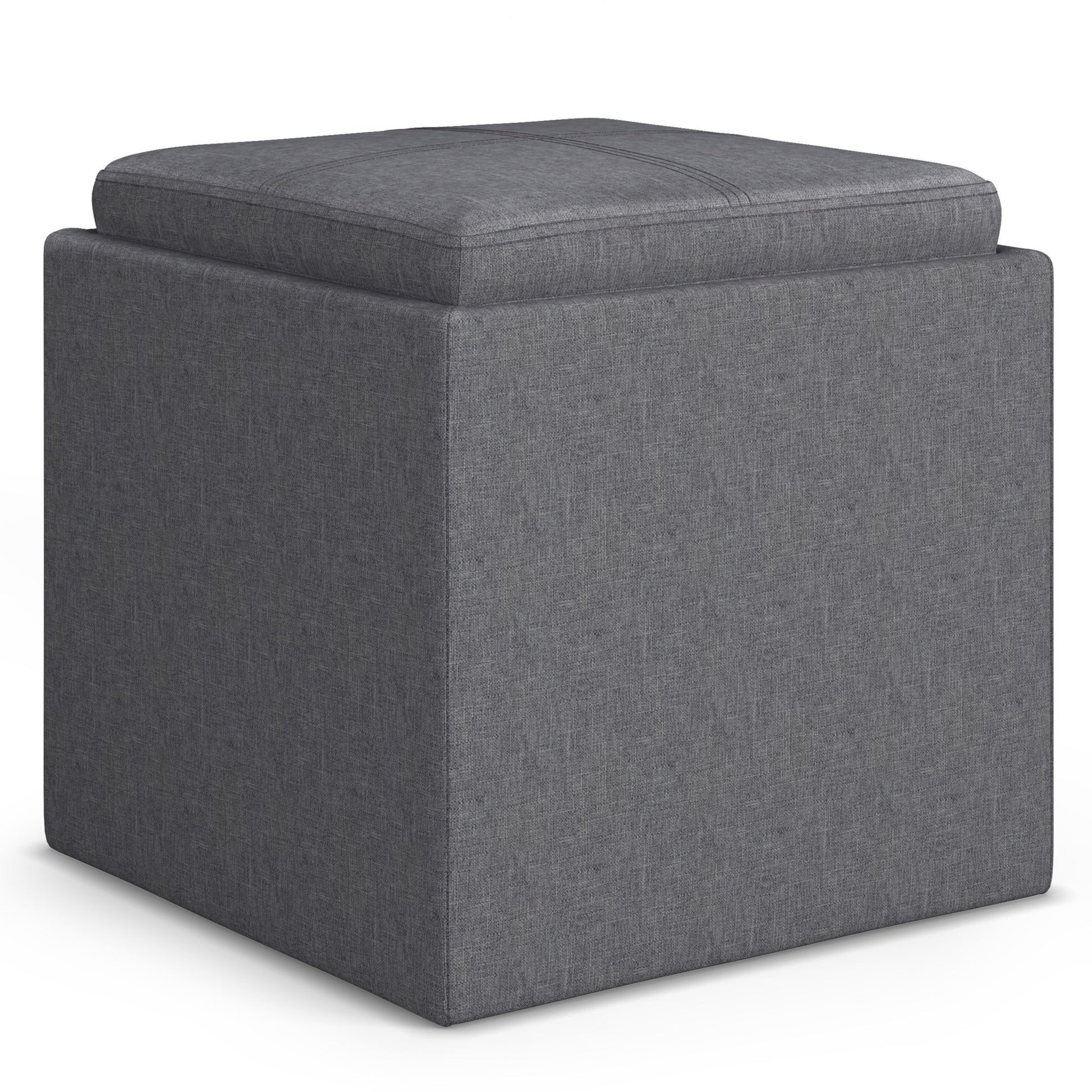 The Rockwood Upholstered Cube Storage Ottoman With Tray features a gray, cushioned top, smooth fabric upholstery with visible stitching, and a sturdy square design that is both modern and functional.