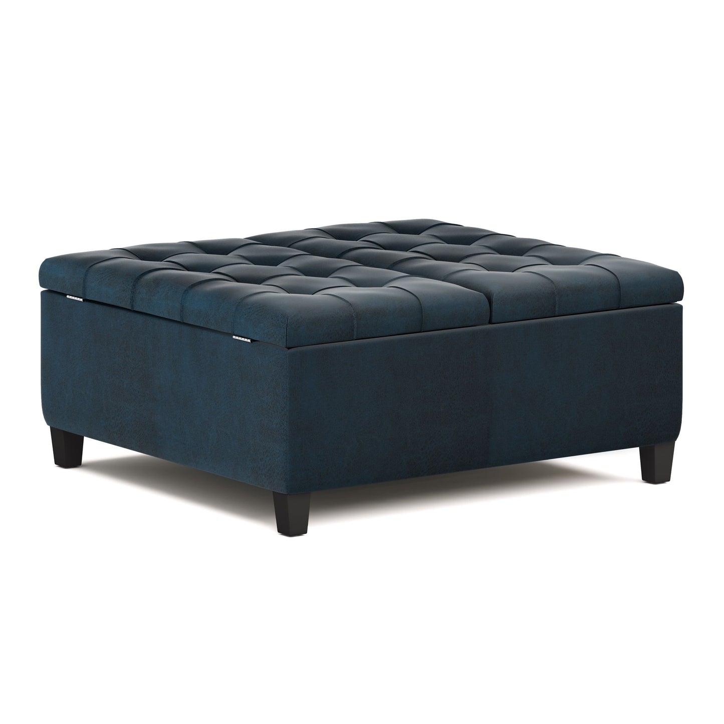 The Harrison Large Coffee Table Storage Ottoman features a square design, dark blue upholstery, a tufted top, short black legs, and a spacious storage compartment.