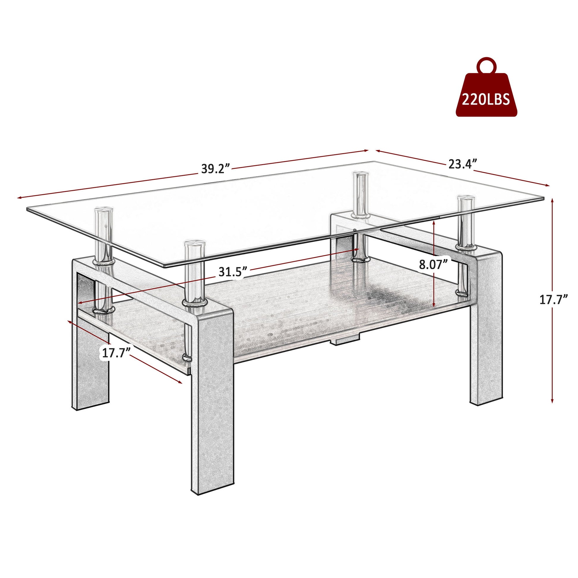 The Modern Rectangular Coffee Table With Tempered Glass Top has metal legs, measures 39.2"L x 23.4"W x 17.7"H, features a top shelf (31.5" x 8.07"), supports up to 220 lbs, and includes a lower shelf.